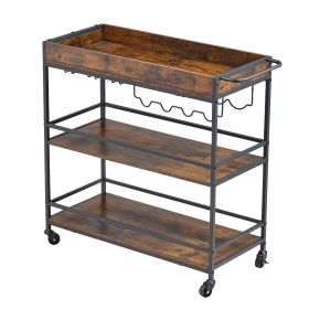 Bar Cart, 3 Tiers Home Kitchen Serving Carts, Industrial Rolling Utility Station on Wheel, Mobile Drink Beverage Shelf with Wine Rack & Glass Hol