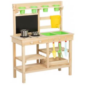 Kids Mud Kitchen, Outdoor Wooden Play Kitchen with Kitchenware & Garden Tools, Pretend Play Outdoor Toys, Natural